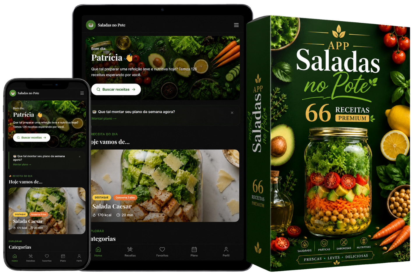 App Saladas no Pote no celular, tablet e a caixa do produto